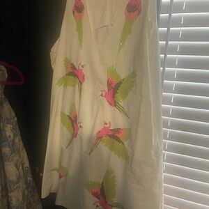QUEEN OF SPARKLES White Mini Dress with Pink and Green Parrot Embroidery